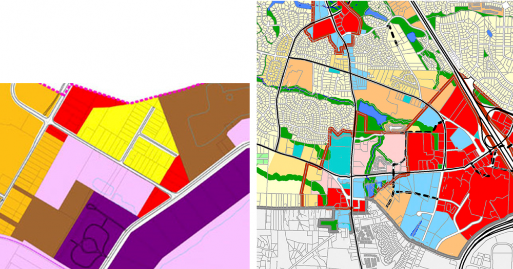 Land-use zoning too often treats streets as land-use boundaries undermining streets’ role as public spaces. Above we see color-coded land-use zones that fail to encompass both sides of streets.